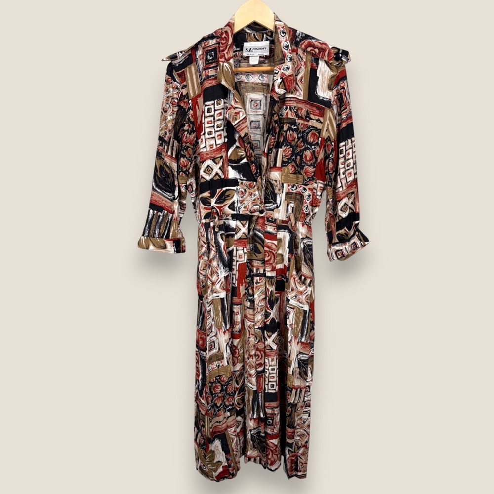 Vintage SJ Fashions Button Front Maxi Dress Size 12 Geometric Abstract Print USA